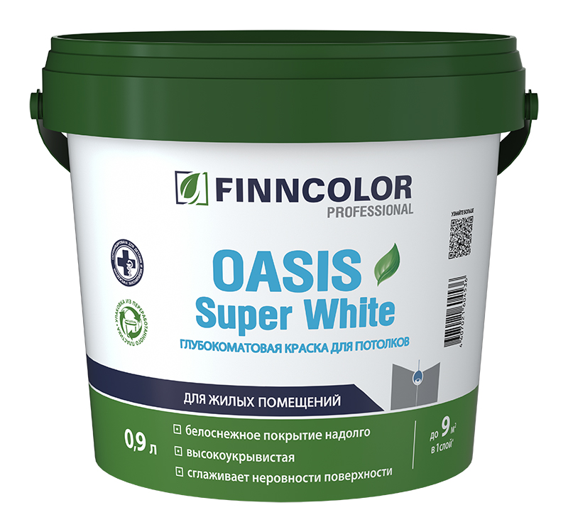 Интерьерная краска для потолков OASIS SUPER WHITE Белый 0,9л Finncolor: для стен и потолков и для внутренних работ