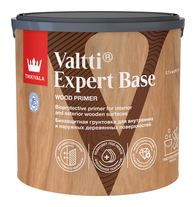 Tikkivala Деревозащитный антисептический грунт VALTTI EXPERT BASE, 2,7л, оттенок Бесцветный, акриловая, водно-дисперсионная, для граффити