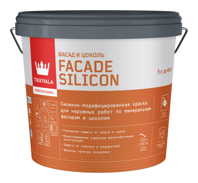 Tikkivala Фасадная краска Facade Silicon (гл/мат), 5л, оттенок Основа C - для колеровки в насыщенные тона, силиконовая, паропроницаемая, матовая, колеруемая для наружных работ
